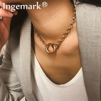 Ingemark Punk Miami Cuban Choker Necklace Hip Hop Jewelry 2019 Trendy Iron Thick Chain Circle Necklace Women Neck Accessories